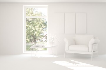 Idea of white room with armchair and summer landscape in window. Scandinavian interior design. 3D illustration