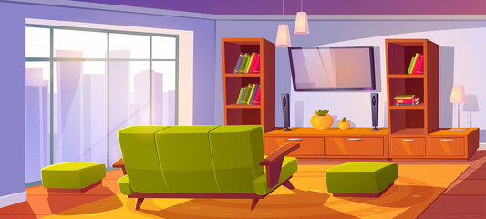 Living room interior with sofa and tv back view, bookshelves and couches. Empty apartment with cozy seat front of television set on wall and large window, home design Cartoon vector illustration