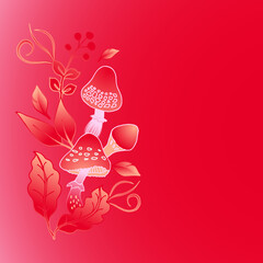 Bright autumn banner with leaves, mushrooms and berries.  Contains space for text.