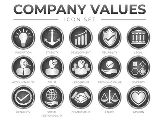 Business 3D Icon Set of Company Core Values. Innovation, Stability, Development, Reliability, Legal, Accountability, Trust, Leadership, Value, Diversity, Commitment, Ethics, Passion Black Icons