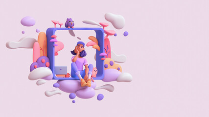 Young black thinking girl sitting on the windowsill floating in the clouds with laptop, cat, an owl, colorful plants. Woman in purple t-shirt, blue jeans, orange sneakers, white socks, cap. 3d render. © roman3d
