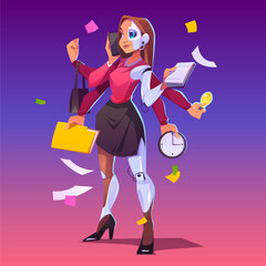 Business woman cyborg with many hands. Multitasking robot, professional assistant with ai. Vector cartoon chatbot character, businesswoman with phone, clock, note pad and bag in arms