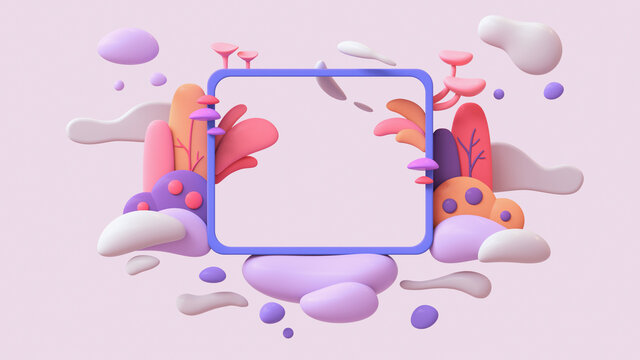 Blue Frame Floating In Purple White Clouds With Red Mushrooms, Yellow Plants. Cute Magic Frame In Colorful Garden And Flying Bubbles. Theme Birthday Party Invitation. 3d Render With Multicolor Objects