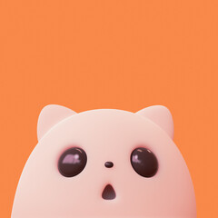Cute cartoon spooky white ghost spirit cat. Boo. Concept art kawaii ghost character with open mouth, cat ears, big black eyes. Happy Halloween holiday. Greeting card. 3d render on orange backdrop.