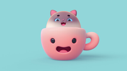 3d illustration of kawaii cacao cup with a cute marshmallow cat on blue background. Funny red cup with smiling face. Cartoon fluffy fat siamese kitten with an open mouth peeking out of a mug of tea.