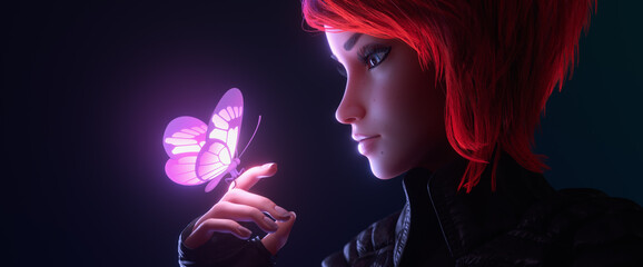 3d illustration of a portrait of girl looking at the glowing pink butterfly landed on her finger in night scene. Young cyberpunk woman with short red hair in black leather jacket, fingerless gloves.