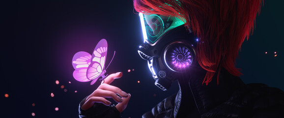 3d illustration of a cyberpunk girl in futuristic gas mask with protective green glasses and filters in jacket looking at the glowing butterfly landed on her finger in a night scene with air pollution © roman3d