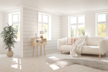 White modern room with sofa. Scandinavian interior design. 3D illustration