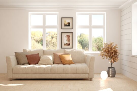White room with sofa and autumn landscape in window. Scandinavian interior design. 3D illustration