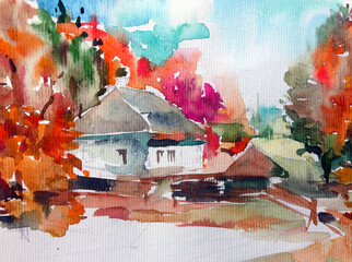 Watercolor colorful bright textured abstract background handmade . Mediterranean landscape . Painting of architecture and vegetation of the village  , made in the technique of watercolors from nature