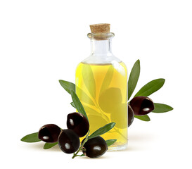 olive oil in a glass bottle and dark olives on a branch with leaves on a white background