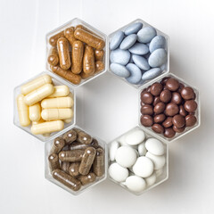 Various capsules and pills with dietary supplements or medicines in hexagonal jars