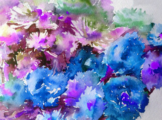 Obraz na płótnie Canvas Abstract bright colored decorative background . Floral pattern handmade . Beautiful tender romantic bouquet of summer aster flowers , made in the technique of watercolors from nature.