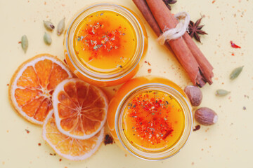 traditional hot autumn and winter drinks, top view