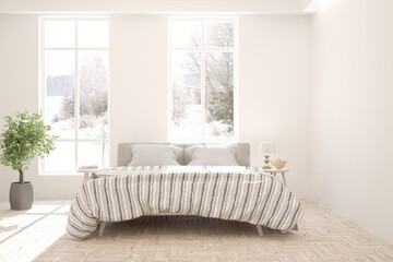 White bedroom with winter landscape in window. Scandinavian interior design. 3D illustration