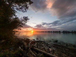 View from the forest to the amazing sunset over the river.
Logs and tree trunks in the foreground,...