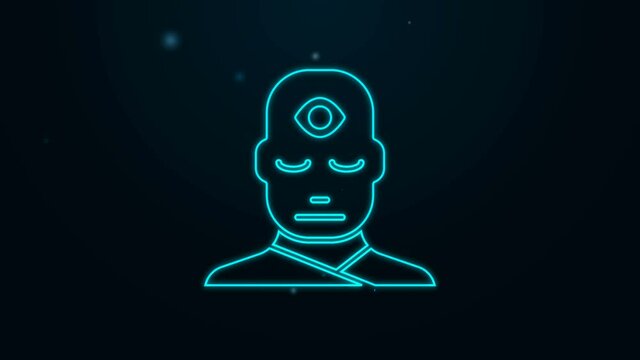 Glowing neon line Man with third eye icon isolated on black background. The concept of meditation, vision of energy, aura. 4K Video motion graphic animation
