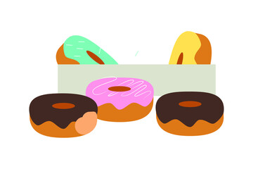 Vector flat illustration. Box with donuts, three different donuts isolated on white. Design for ads, poster, banner, print, cafe, restaurant