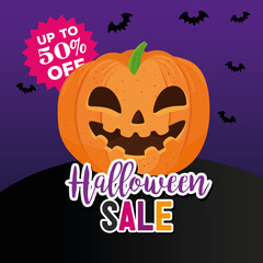 halloween sal, fifty percent discount, with pumpkin and bats flying vector illustration design