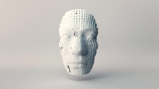 Human face emergence, building head from cubes, artificial intelligence concept, abstract 4k 3d render