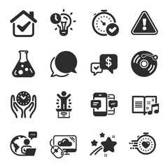 Obraz premium Set of Education icons, such as Smartphone sms, Safe time, Fast verification symbols. Cloud computing, Time management, Chat message signs. Chemistry lab, Music book, Winner podium. Timer. Vector