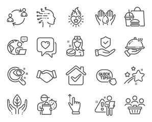 People icons set. Included icon as Artificial intelligence, Restaurant food, Heart flame signs. Insurance hand, Buyers, Heart symbols. Nurse, User communication, Quick tips. Wash hands. Vector
