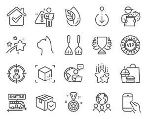 Business icons set. Included icon as Vip chip, Scroll down, Global business signs. Augmented reality, Headhunting, Winner symbols. Shuttle bus, Winner reward, Organic product. Pets care. Vector