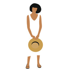 Young woman in a white summer dress with a hat in her hands
