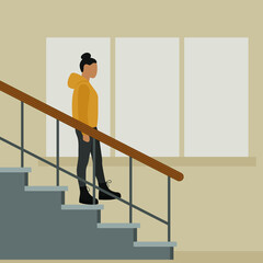 Female character goes down the stairs against the background of a wall with a window