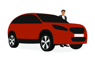 Male character stands near driver's door of modern crossover on white background
