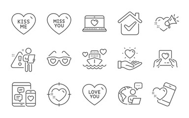Love mail, Hold heart and Heart line icons set. Love glasses, Social media and Kiss me signs. Miss you, Honeymoon cruise symbols. Valentine letter, Spectacles with hearts. Love set. Vector