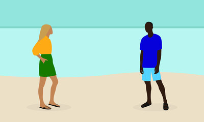 Light skinned female character and dark skinned male character together on the seashore