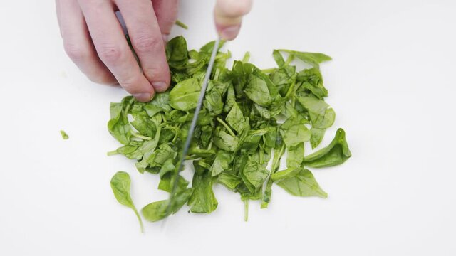 Cutting up green fresh spinach