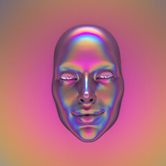 Abstract 3D render illustration of holographic human face in the wall, robotic head made of glossy iridescent material. Artificial intelligence concept.
