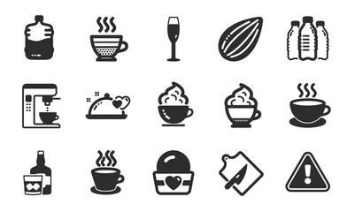 Cooler bottle, Cafe creme and Champagne glass icons simple set. Tea cup, Ice cream and Water bottles signs. Cappuccino, Coffee maker and Romantic dinner symbols. Flat icons set. Vector