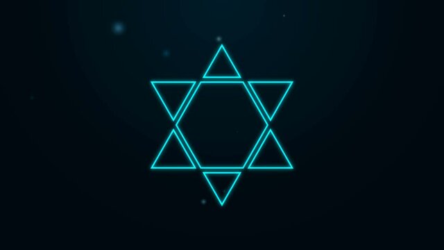 Glowing neon line Star of David icon isolated on black background. Jewish religion symbol. Symbol of Israel. 4K Video motion graphic animation