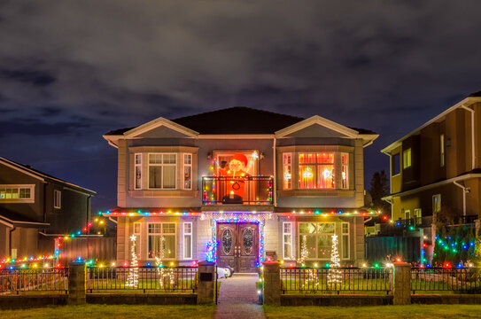 Vancouver, Canada, December 26, 2015: House Decorated and Lighted for Christmas at Night.