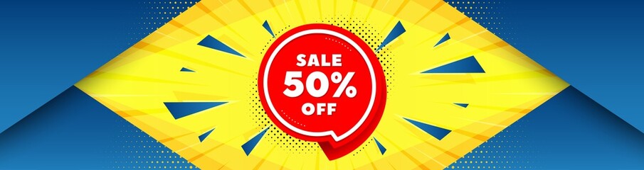 Sale 50% off sticker. Abstract background with offer message. Discount banner shape. Coupon bubble icon. Best advertising coupon banner. Sale 50% badge shape. Abstract yellow background. Vector