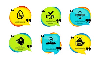 Dermatologically tested, No alcohol and Uv protection icons simple set. Speech bubble with quotes. Medical mask, Hand sanitizer and Cream signs. Organic, Mineral oil, Skin cream. Vector