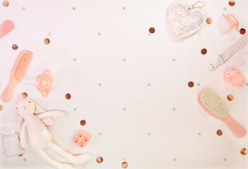 Cute pink baby shower flat lay background