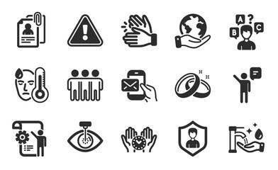 Clapping hands, Fever and Save planet icons simple set. Settings blueprint, Messenger mail and Friendship signs. Interview documents, Agent and Washing hands symbols. Flat icons set. Vector