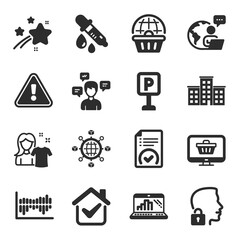 Set of Business icons, such as Conversation messages, Company, Logistics network symbols. Parking, Graph laptop, Clean shirt signs. Web shop, Approved document, Column diagram flat icons. Vector