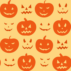 Halloween. Seamless pattern with orange pumpkin on yellow background. Endless background, wallpaper, wrapping, packaging, texture, paper. Vector illustration in flat style.