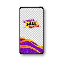 Sale 50% off banner. Phone mockup vector banner. Discount sticker shape. Hot offer icon. Social story post template. Sale 50% badge. Cell phone frame. Liquid modern background. Vector