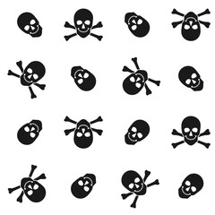 Halloween seamless pattern with black rotated skull with crossbones on white background. Endless background, wallpaper, wrapping, packaging, texture, paper. Vector illustration in flat style.