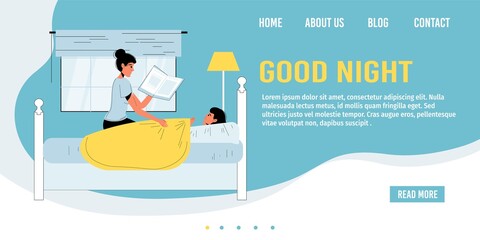 Mother reading fairytale story to child in evening. Bedtime. Mom putting daughter into bed. Family daily life schedule. Relationship, bonding. Parent kid communication. Good night landing page design