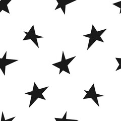 Obraz premium Seamless pattern with black stars on white background. Endless background, wallpaper, wrapping, packaging, texture, paper. Vector illustration in flat style.