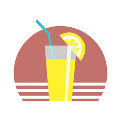 Glass cup with exotic drink, straw and lemon. Summer resort symbol. Vector illustration.