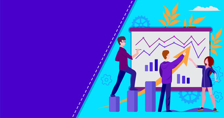 Fototapeta premium a team of workers examines charts and diagrams to develop a project and increase the company's income, teamwork of ambitious employees, a mockup for web pages on a blue violet background