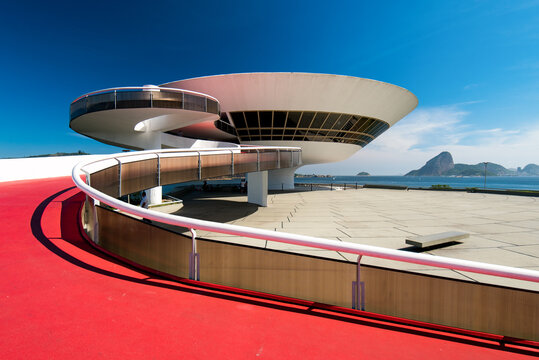 Niteroi, Rio de Janeiro / Brazil - October 31, 2018: Oscar Niemeyer's Contemporary Art Museum, a masterpiece of modern architecture, built in 1996.